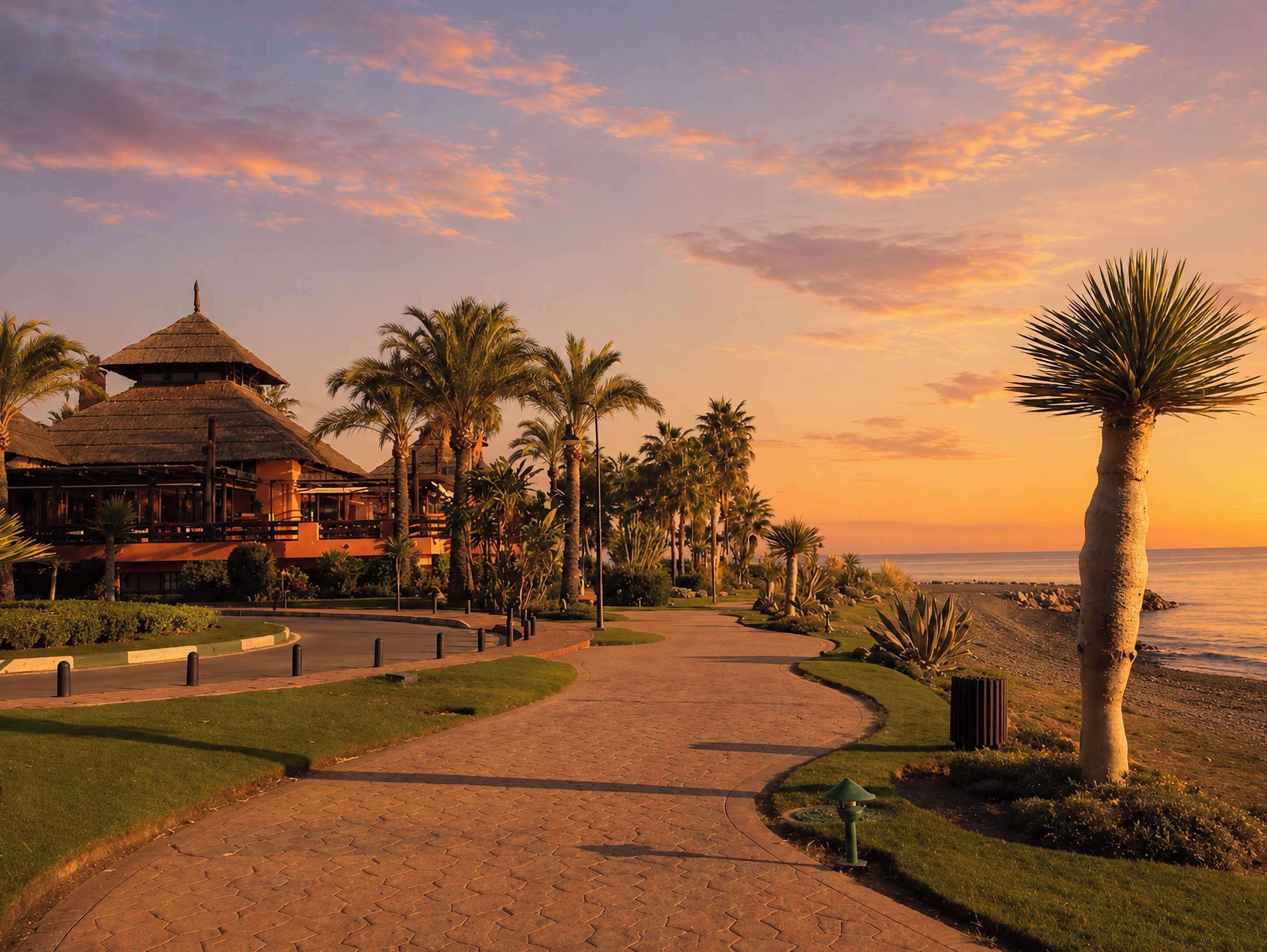 A paved pathway leading to a building with a thatched roof, surrounded by palm trees and a view of the ocean.