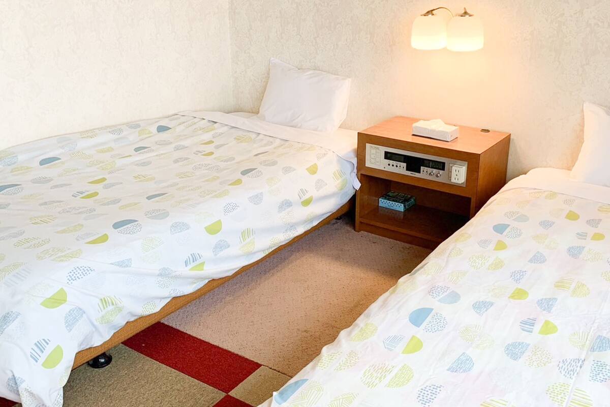 Habitación doble con dos camas, cada una con una colcha estampada, una mesita de noche con lámpara y un enchufe.