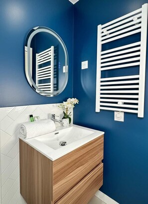 Shower, hair dryer, towels