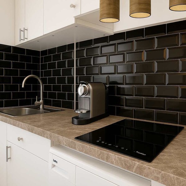 Fridge, microwave, stovetop, coffee/tea maker