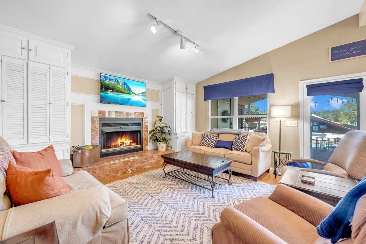 TV connectée, cheminée, lecteur de DVD, livres