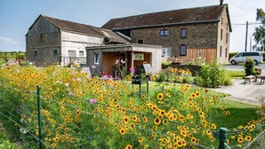 A two-story building with a garden in front. - Pretty Farmhouse in Houffalize with Courtyard (Houffalize)