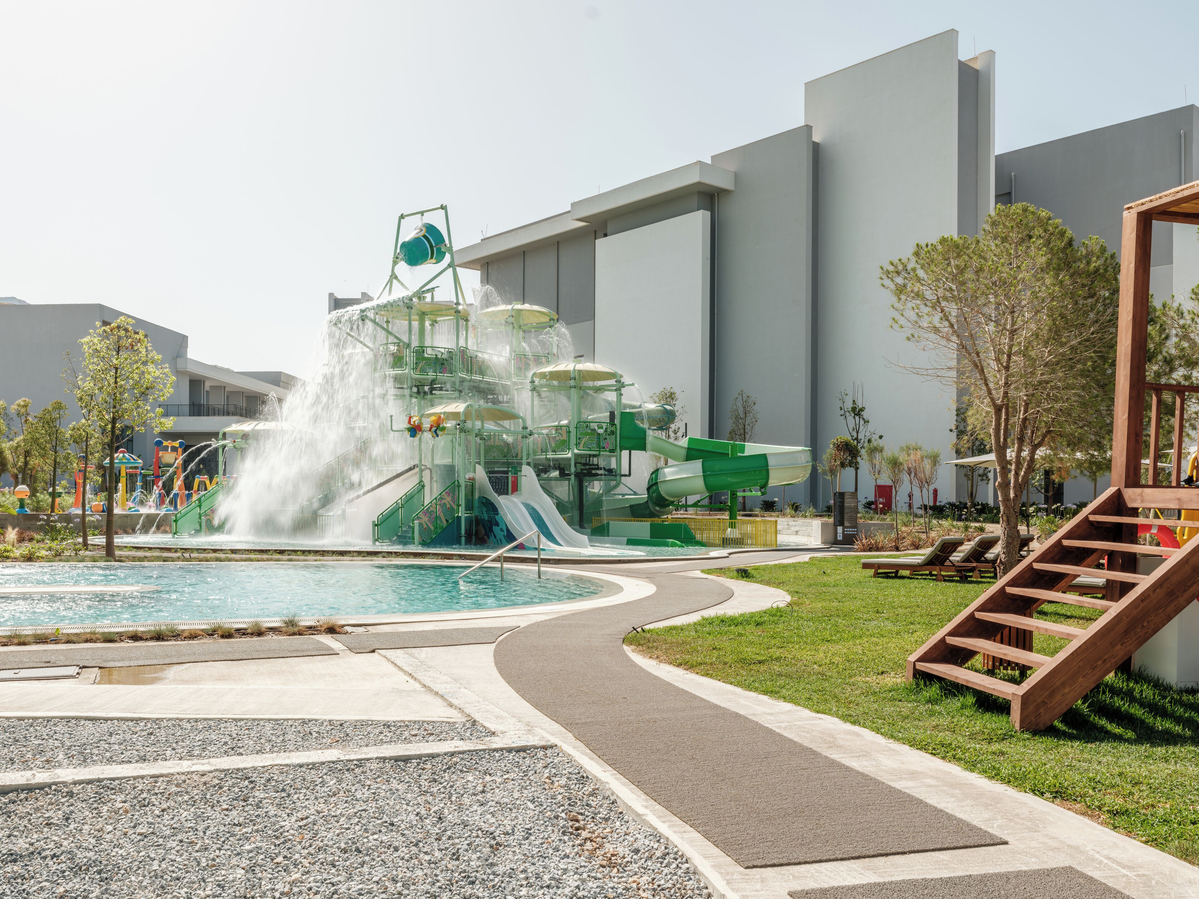A water park with slides and a pool.