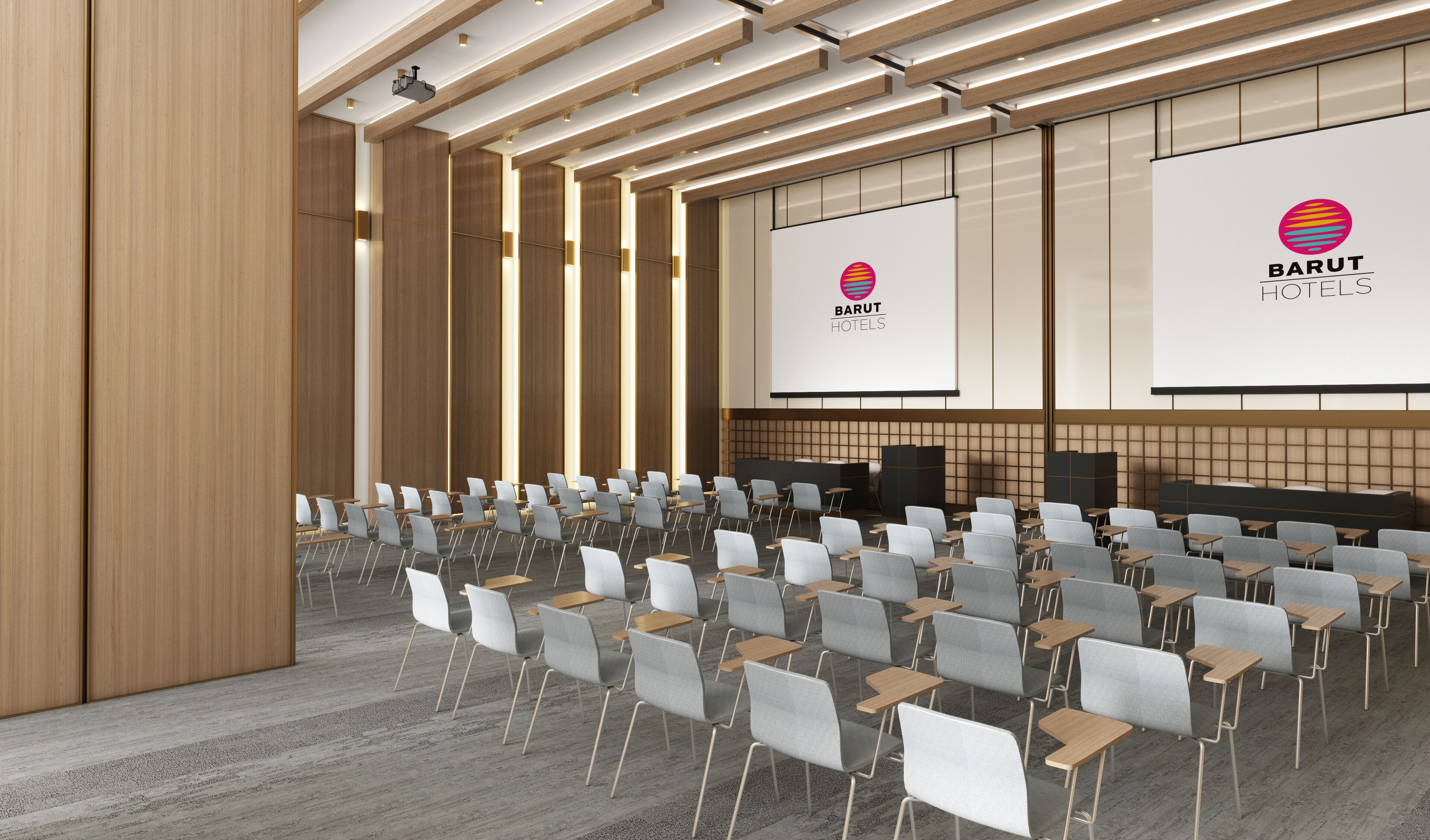 Un salón de conferencias con filas de sillas y mesas, paneles de madera y una pantalla grande que muestra el logotipo de Barut Hotels.