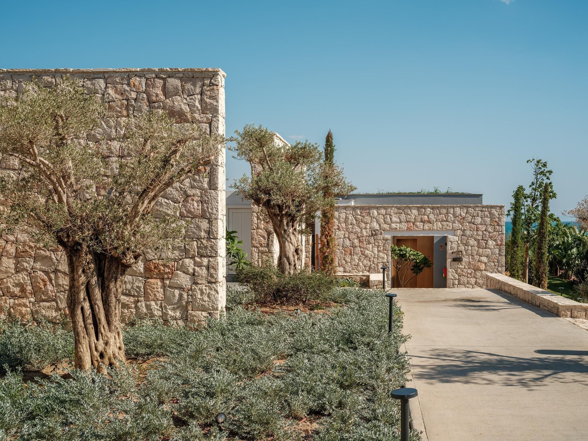 A stone building with a doorway, surrounded by olive trees and shrubs.