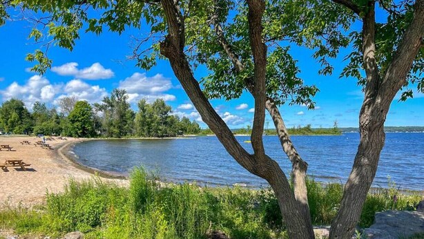 Järvenrantapuisto, jossa on piknikpöytiä ja penkki.