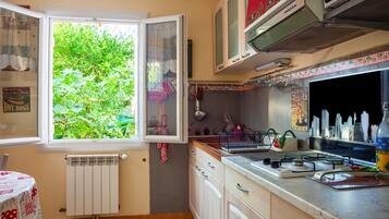 Fridge, microwave, oven, stovetop