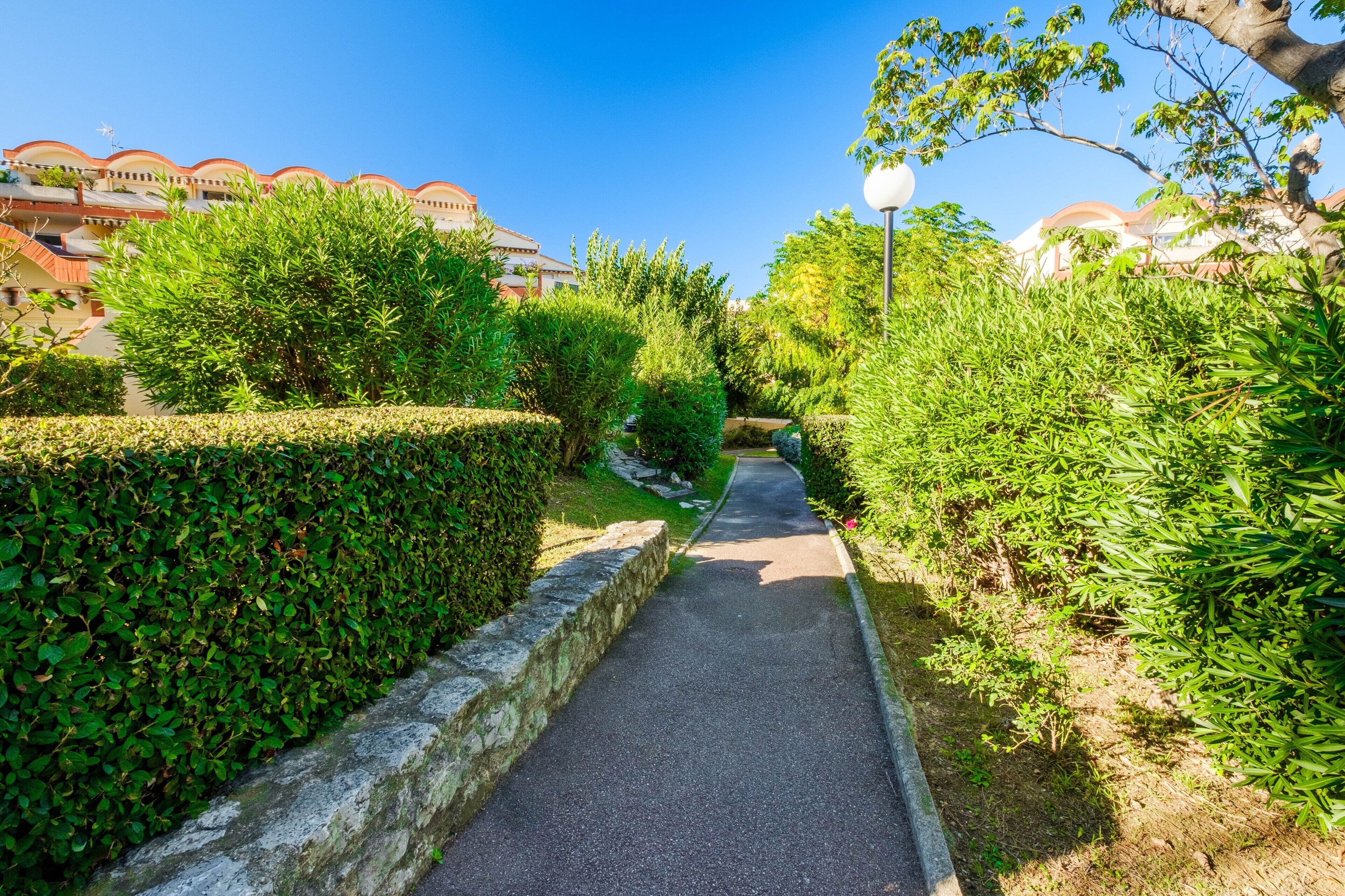 Un chemin pavé bordé de haies soigneusement taillées et d’un lampadaire.