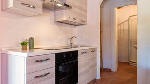 A modern kitchen with a built-in oven, a sink, and a stainless steel range hood. - Vacation Home "Villa Robi" near Beach with Private Terrace & Shared Garden (stintino)