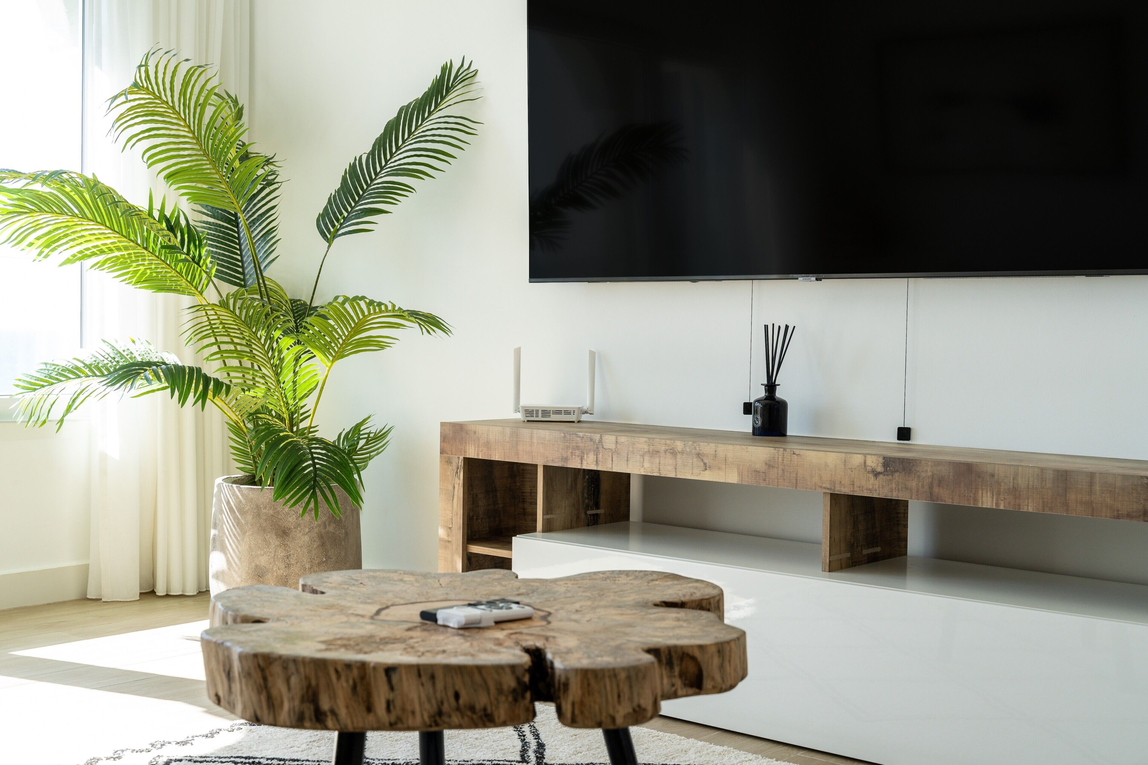 A modern living room with a large flat-screen TV, a wooden coffee table, a potted plant, and a minimalist console table.