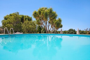 A clear blue swimming pool with a palm tree in the background.