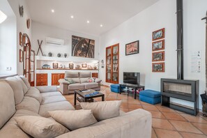 Televisie, een open haard en een dvd-speler