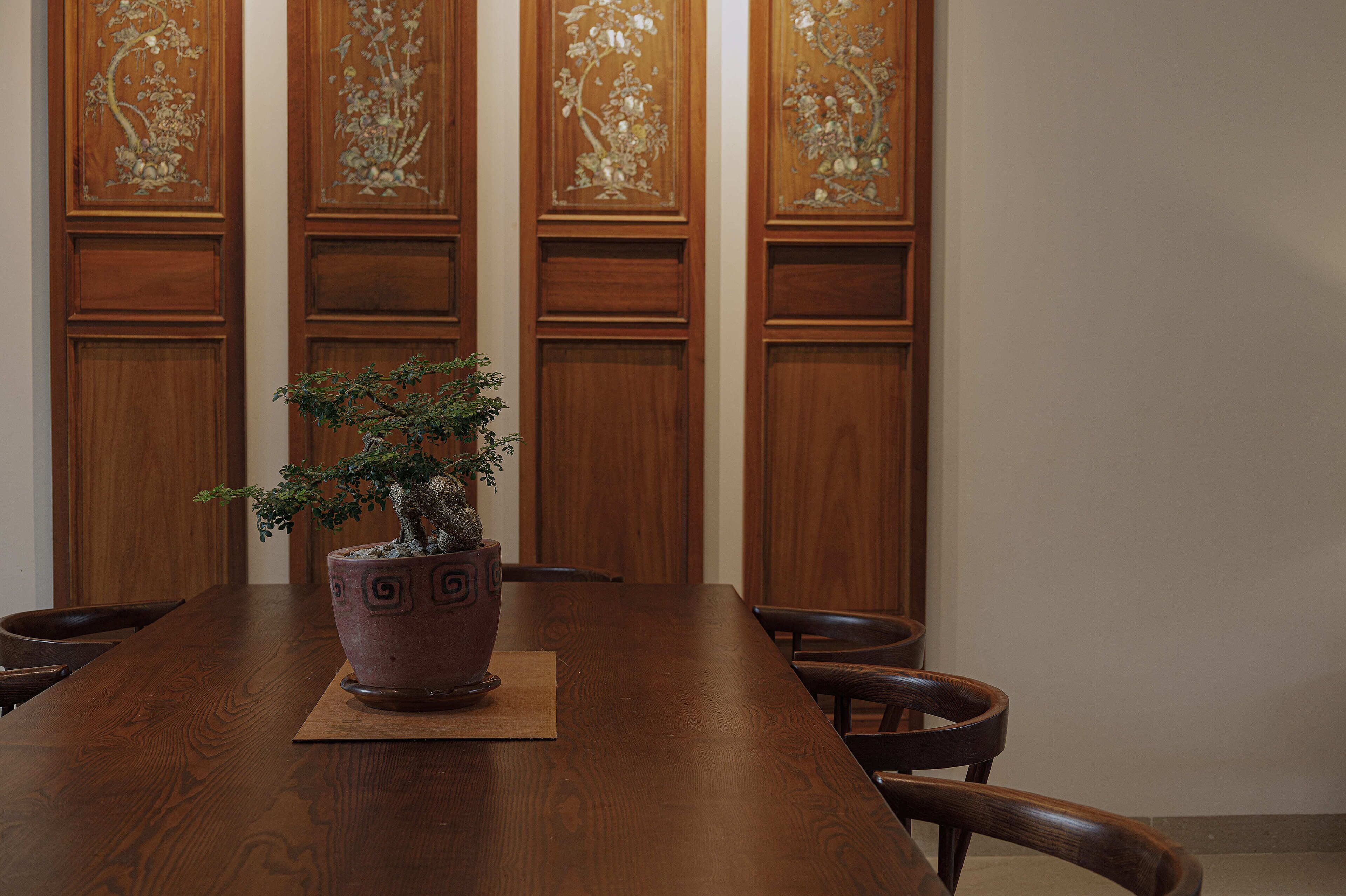 A wooden conference table with a potted bonsai tree in the center, surrounded by chairs.