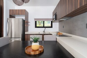 Fridge, microwave, stovetop, coffee/tea maker