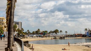 A beachside promenade with a palm tree, a sandy beach, and a calm sea. - Isabel Apartment - Golden Mile (Marbella)