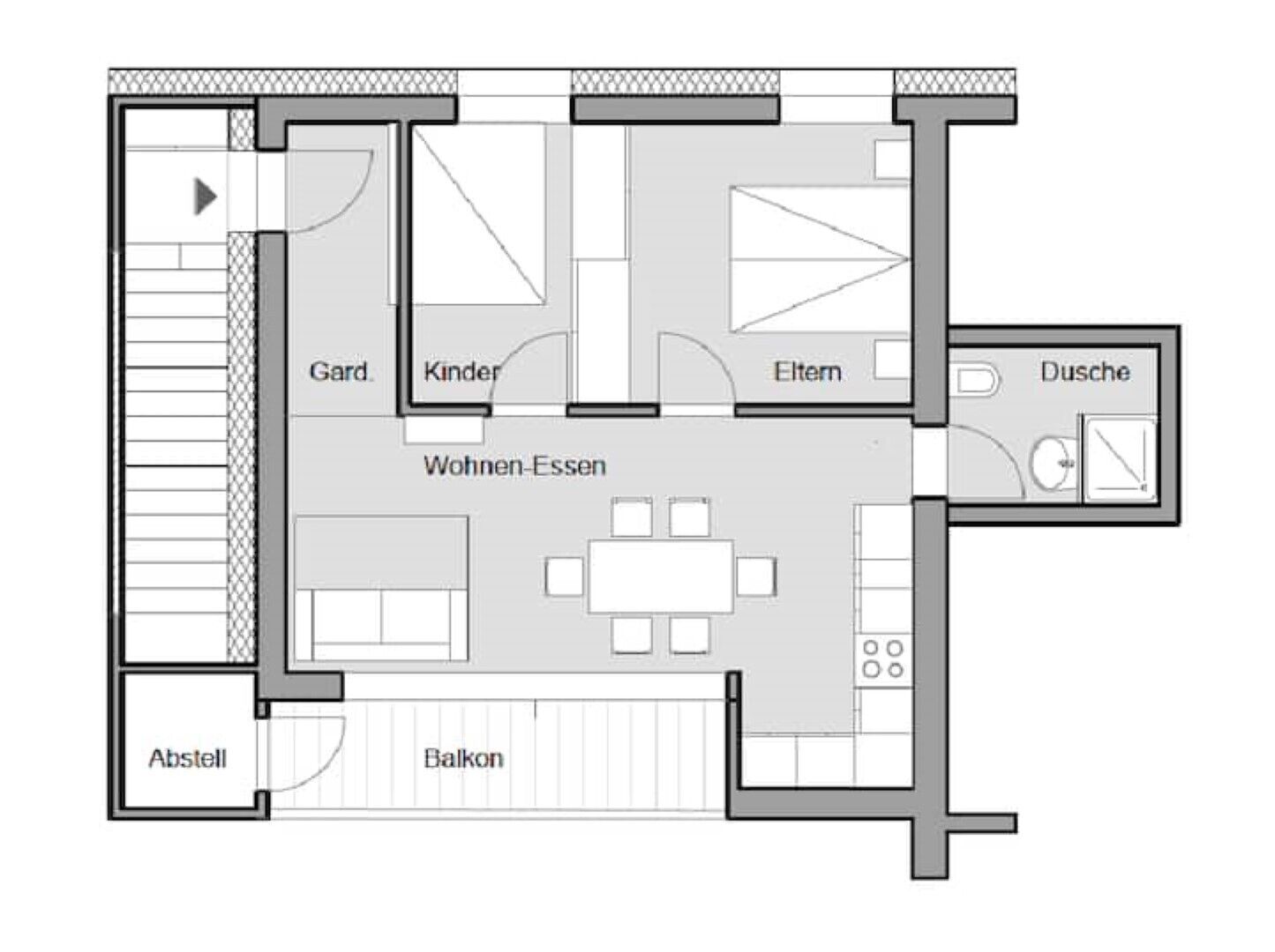A floor plan with a living room, kitchen, balcony, and separate areas for children and elderly.