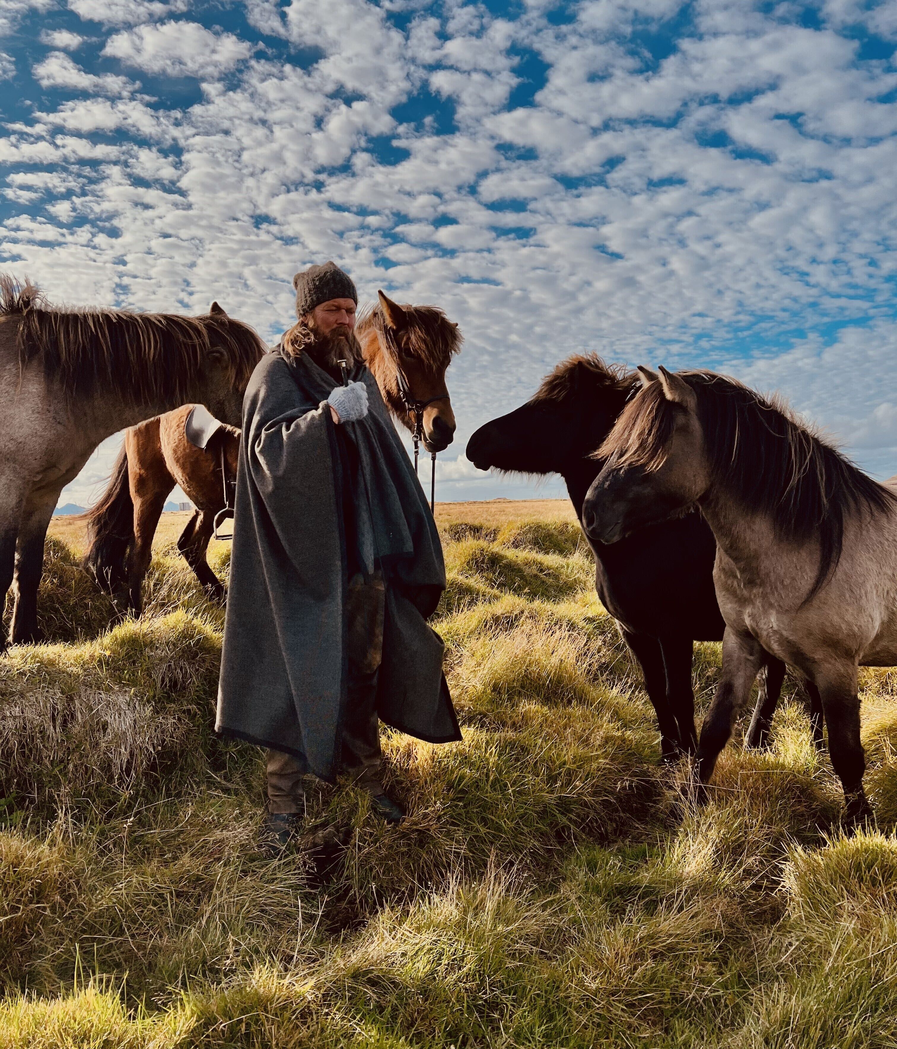 A person in a long coat standing among horses in a grassy field with a clear sky.