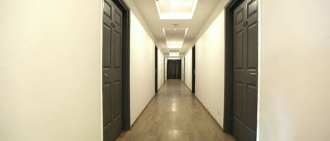 A long, narrow hallway with wooden flooring and dark doors on both sides.
