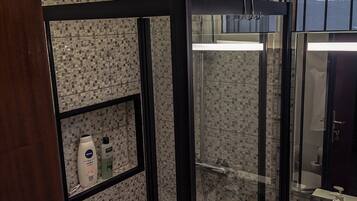 Hair dryer, towels, shampoo, toilet paper