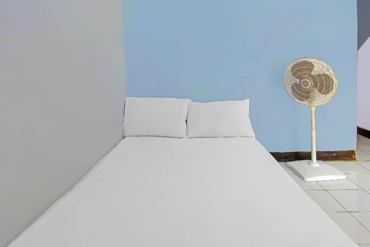 A bed with white bedding in a room with light blue walls and a standing fan.