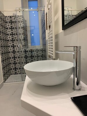 Shower, hair dryer, bidet, towels