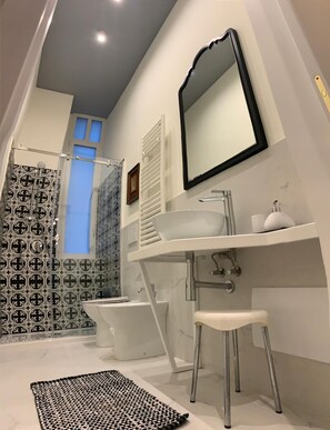 Regadera, secadora de cabello, bidet, toallas