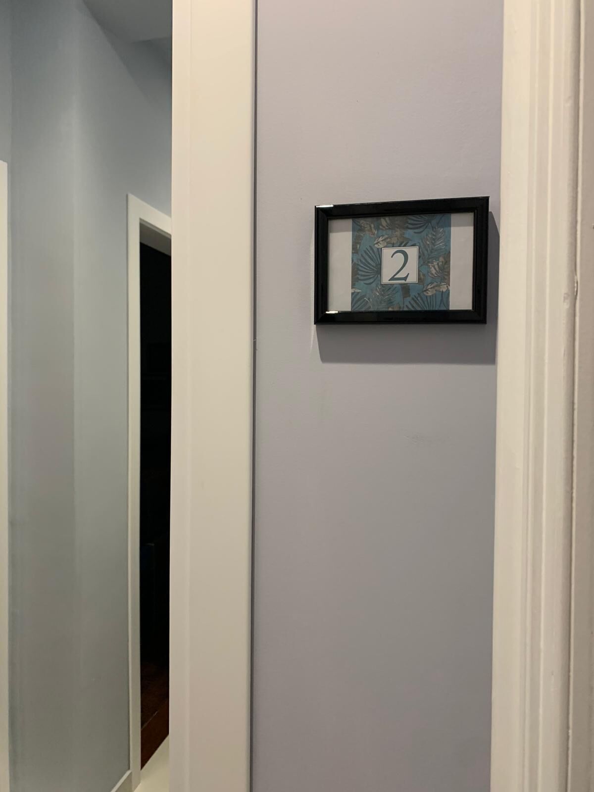 A hallway with a door leading to a dark room, a light grey wall, and a framed number '2' on the wall.