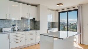 Una cucina moderna con mobili bianchi, ripiani in granito e piano cottura integrato.