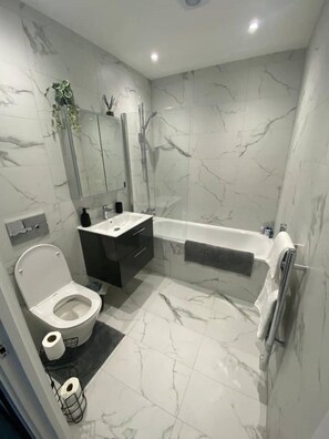 Hair dryer, towels, toilet paper