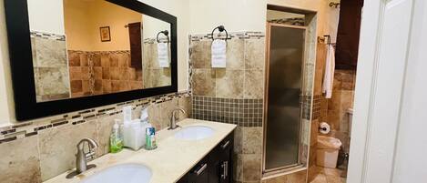 Jetted bath, hair dryer, towels, soap