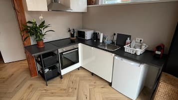 Fridge, microwave, oven, cookware/dishes/utensils