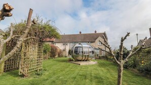 Une maison avec une structure sphérique dans le jardin.
