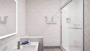 Hair dryer, towels, soap, shampoo