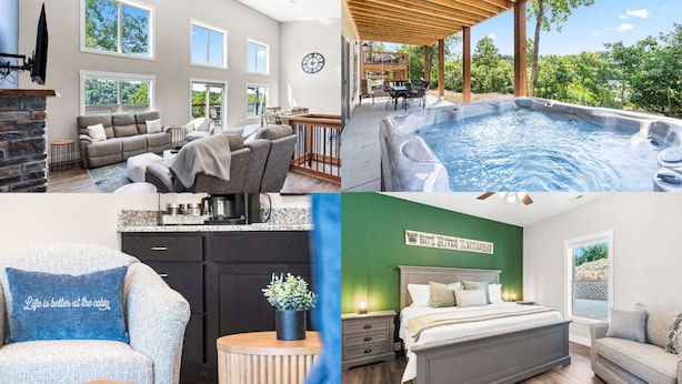 Een moderne woonkamer met een open haard, een eethoek met buitenmeubilair, een jacuzzi, een keuken met uitzicht en een slaapkamer met een groene wand en een bord.