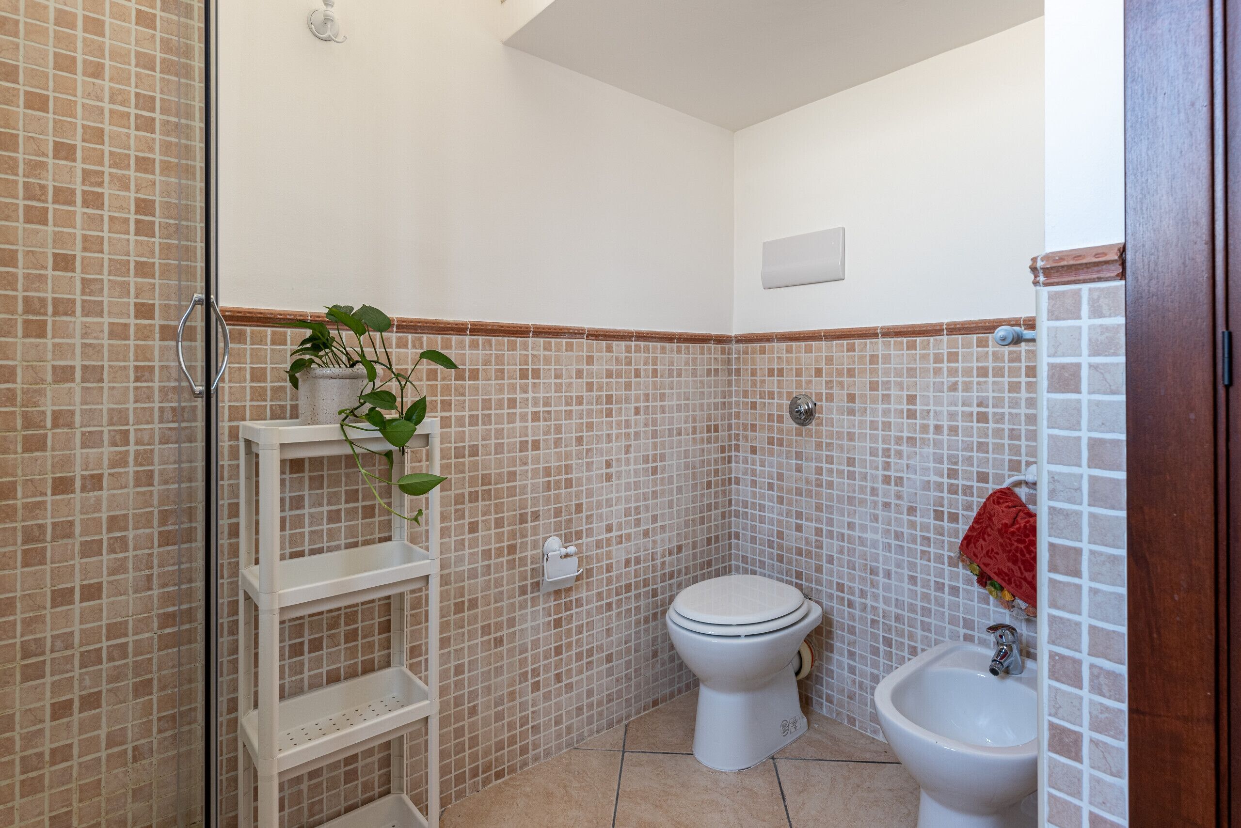 Ein Badezimmer mit Toilette, Bidet und Regalen mit einer Pflanze.