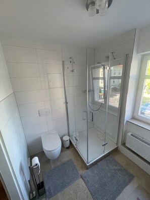 Shower, hair dryer, towels