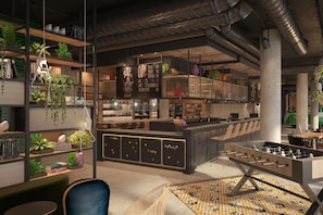 A modern bar area with a foosball table, seating, and a coffee menu. - Moxy Vienna City East (Vienna)