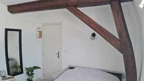 A bedroom with a bed, wooden beams, a white door, a mirror, a small plant, and a white radiator. - Studio Cosy Le 12 (Châlons-en-Champagne)