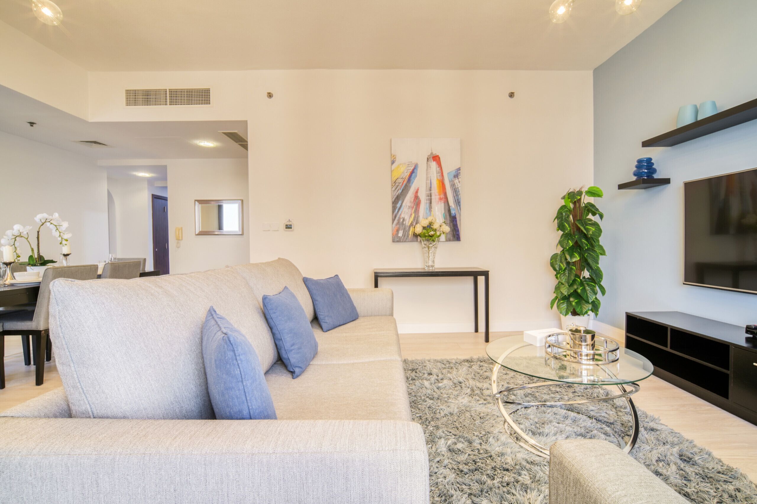 Un salon moderne avec un canapé, une table basse en verre, un téléviseur et un tableau accroché au mur.