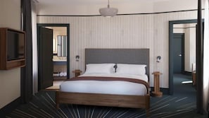 Une chambre d’hôtel avec un grand lit, une tête de lit en bois, deux tables de chevet, un miroir et un luminaire moderne.