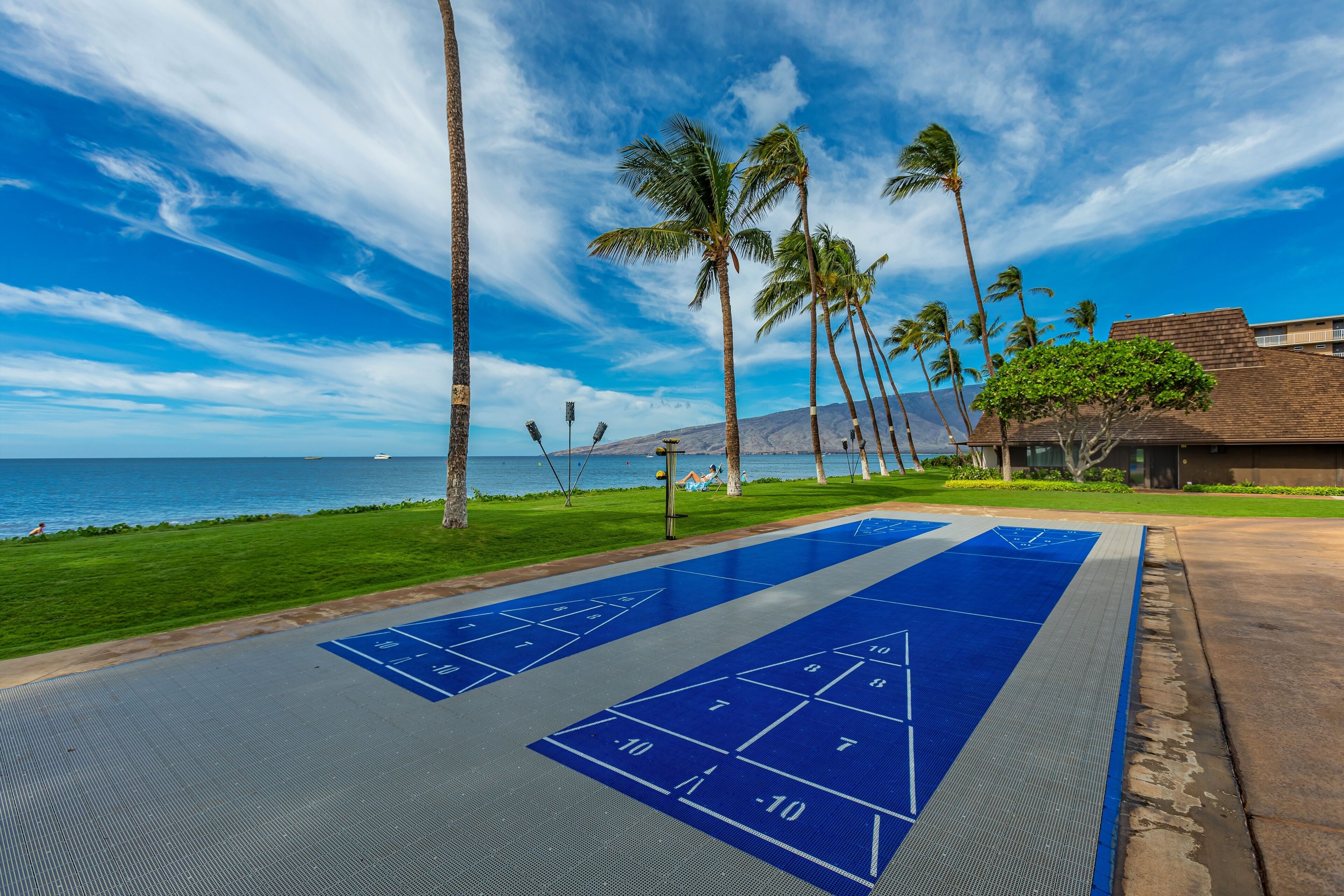 Ein Shuffleboard-Spielfeld mit Blick auf das Meer und Palmen.
