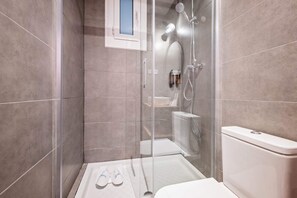Shower, hair dryer, bidet, towels