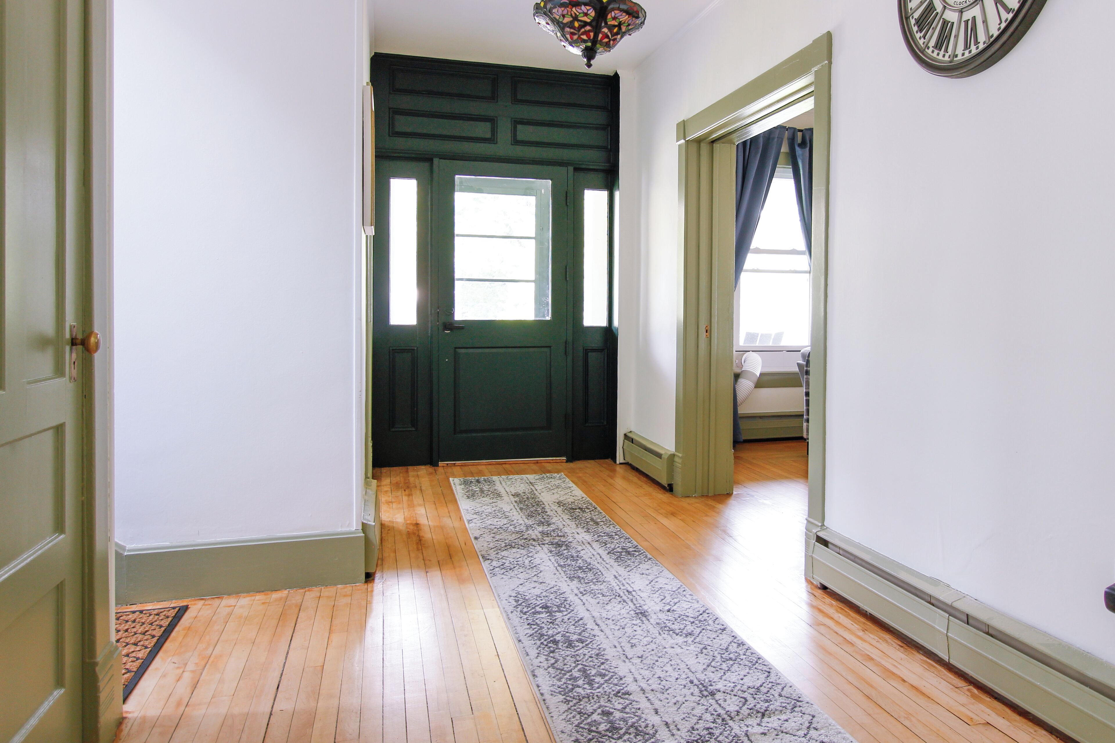 Un pasillo con suelo de madera, una puerta verde y un tapete estampado.