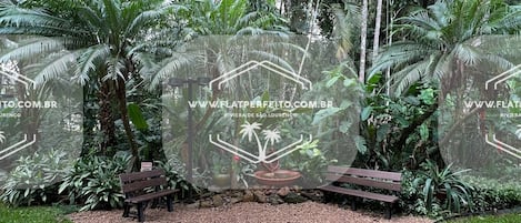 A garden pathway with pebbles, benches, and tropical plants.