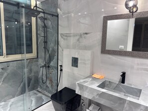 Hair dryer, towels, soap, toilet paper
