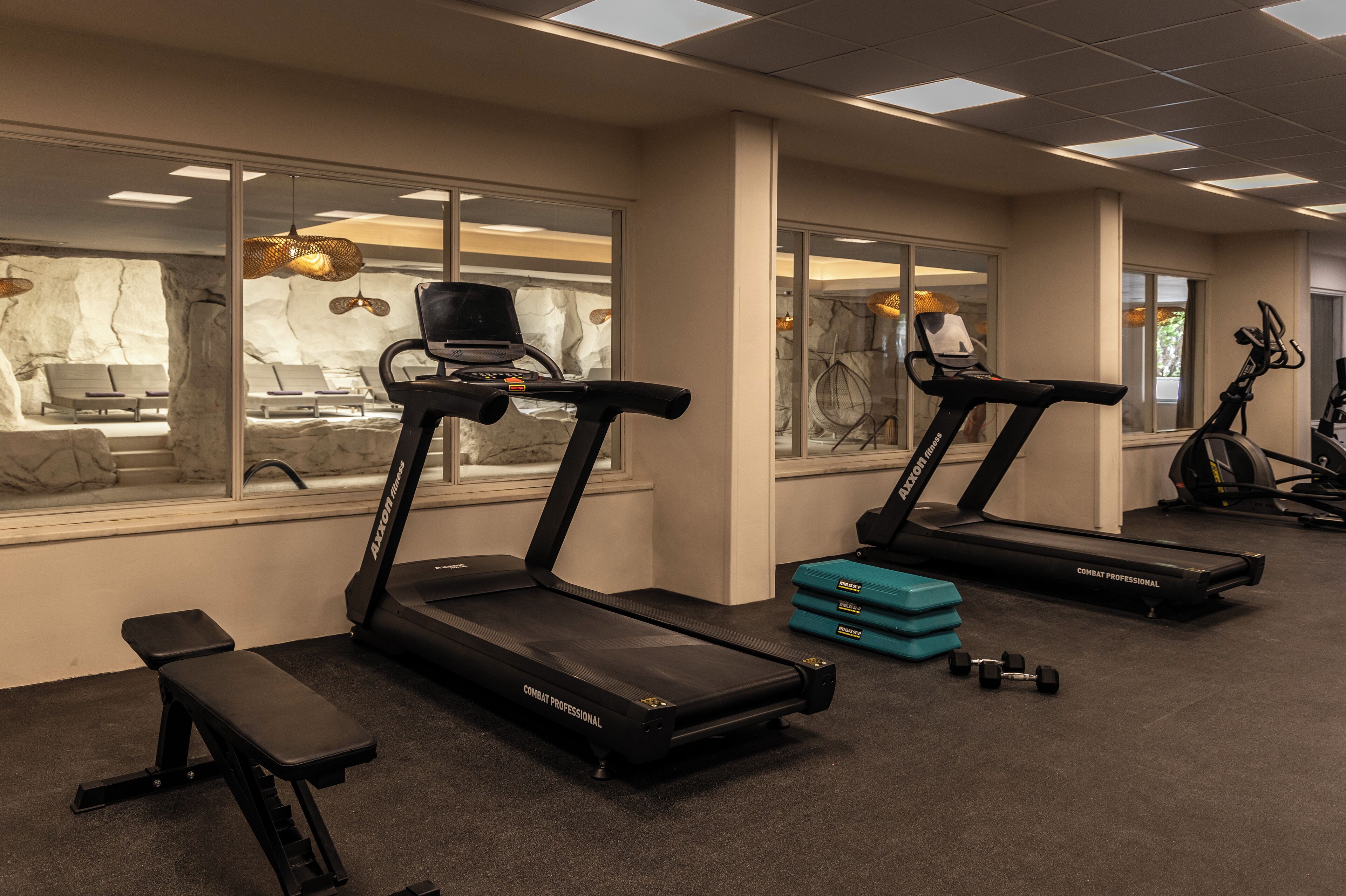 A gym with treadmills, a bench, dumbbells, and a stone wall backdrop.