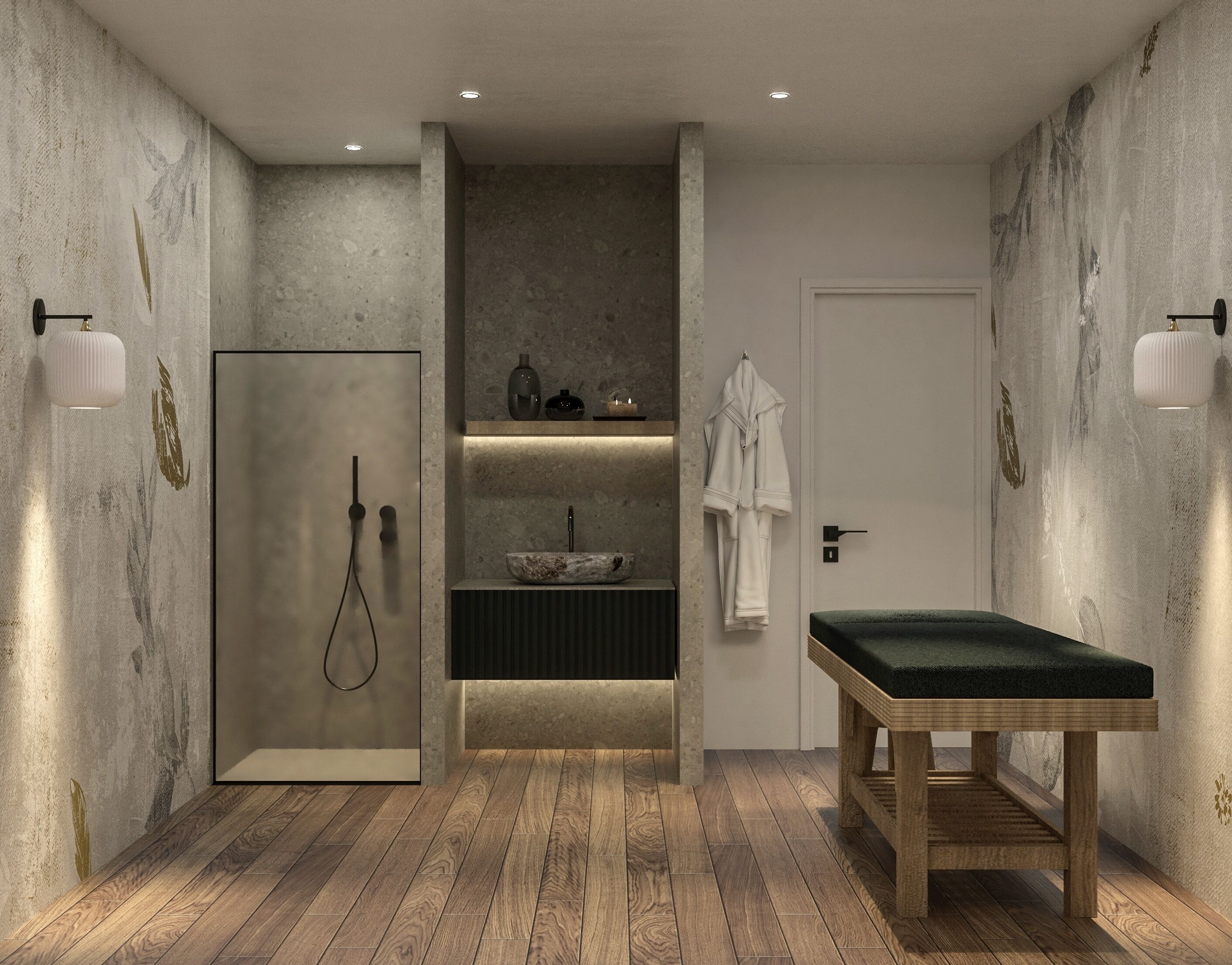 Une salle de bain moderne avec un plancher en bois, une cabine de douche en verre, un lavabo intégré et un banc vert.