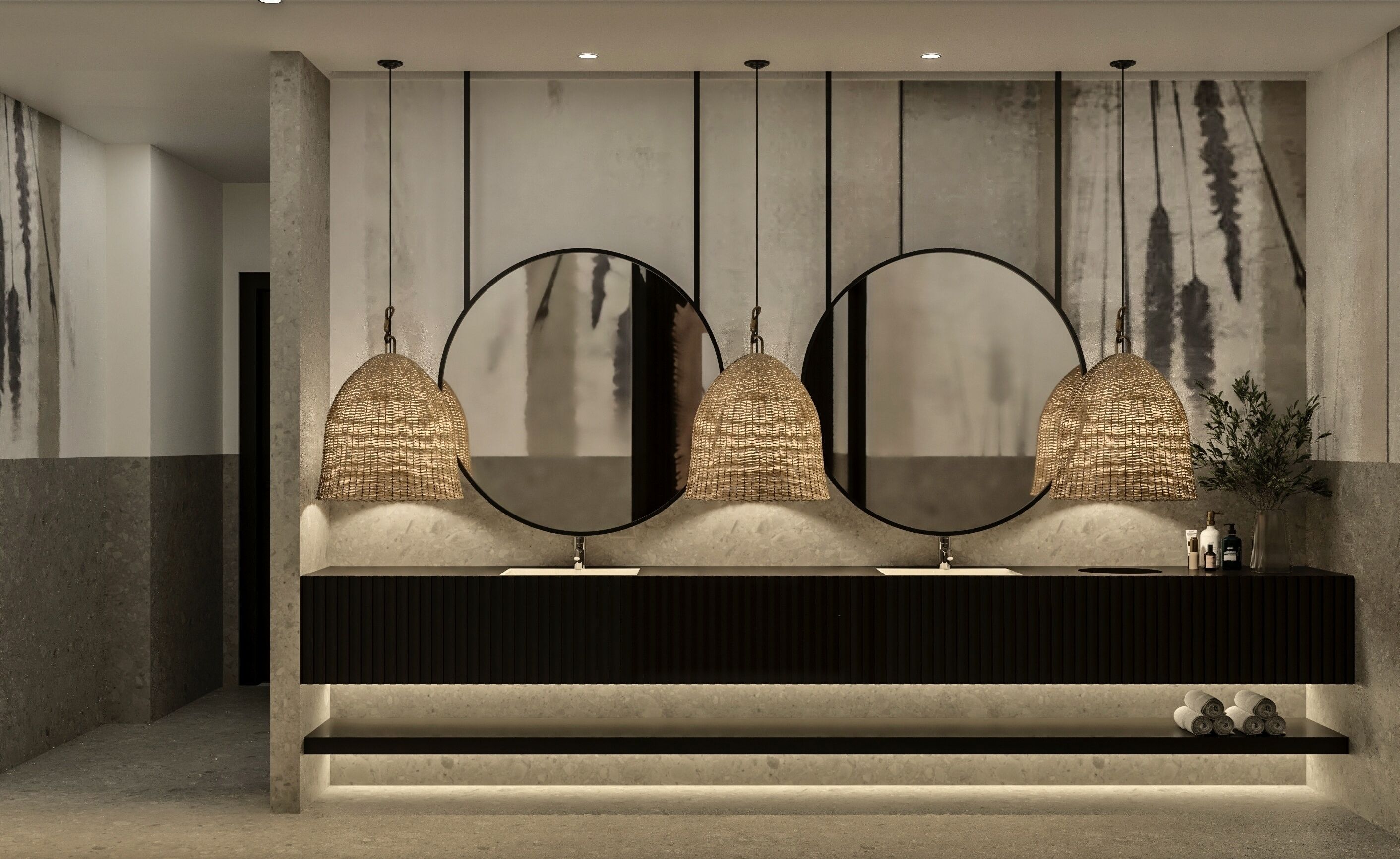A modern bathroom with a large mirror, three sinks, and a dark vanity.