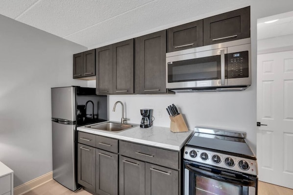 Frigorífico, microondas, horno y placa de cocina