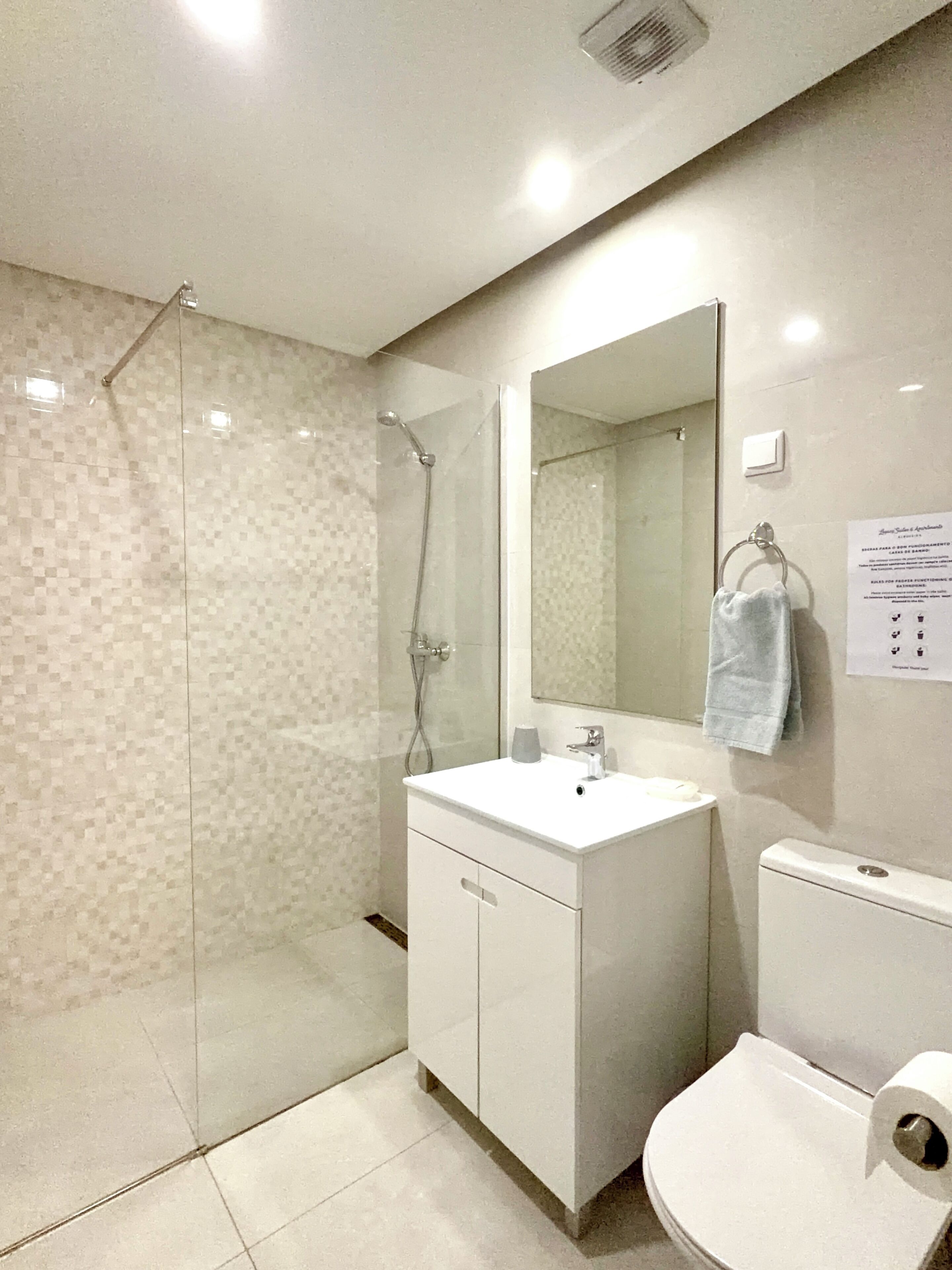 A modern bathroom with a glass-enclosed shower, a white sink, a mirror, and a toilet.